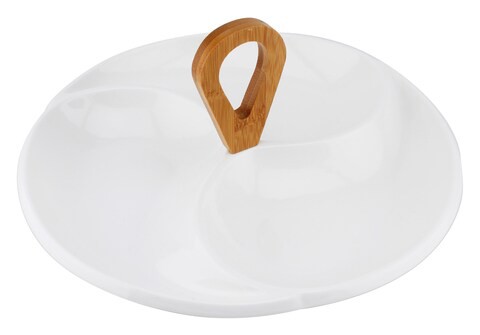 Shallow 29cm Porcelain Round 3-Compartment Serving Plate With Bamboo Handle Jmd305