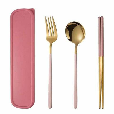 LIHAN Travel Flatware Set with Chopsticks Spoon and Fork ,Reusable Stainless Steel Portable Korean Style Dishwasher Safe Packing by Gift Case with Golden Pink Color