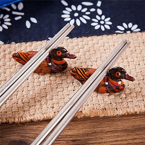 4 (2 pairs) Silver Stainless Steel Chopsticks &amp; Mandarin Duck Holders Set In Gift Box by THY COLLECTIBLES