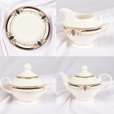 XIANGYU Dinner Set Porcelain Gold, 24pcs tea set; (12)pcs tea cup/saucer, (1) 10&#39;5 flat plate, (6) 7&#39;5 flat plate, (2) tea pot, (2) sugar pot, (1) milk pot. New Ceramic Bone China, The rich and colorf