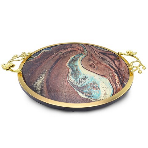 Al Hoora 45Cm Round Wooden Tray With Abstract Pattern &amp; Beautiful Gold Flower Handle