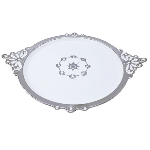 Al Hoora 42*33.5*H3Cm Round White Serving Ceramic Tray W/ Silver Handle Spot Border,Use For Cake, Dessert, Sweets, Sandwich, Snack W/ Beautiful Silver Pattern