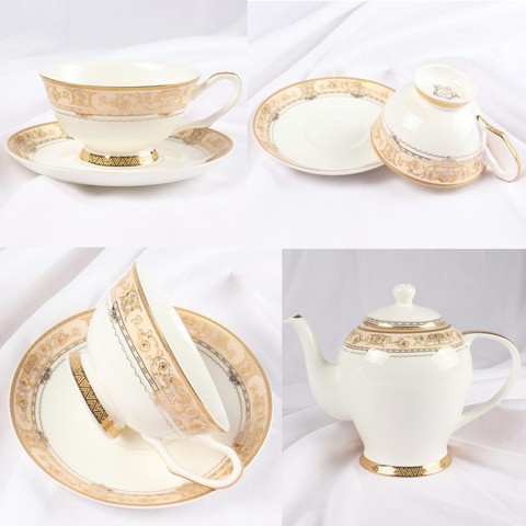 Dinner Set Porcelain Gold, 115pcs tea set; 10&#39;5 flat plate- (12) , 8&#39; soup plate- (12) 8&#39; flat plate- (12), 7&#39;5 flat plate- (12) 6&#39; salad bowl- (12), &#39;tea pot (1set)- (2) Tea cup/Saucer(12set) -(24),