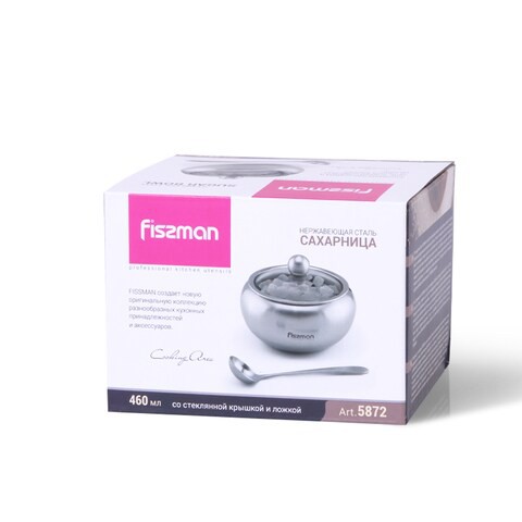 Fissman Sugar Bowl With Glass Lid And Spoon 460 ml Stainless Steel