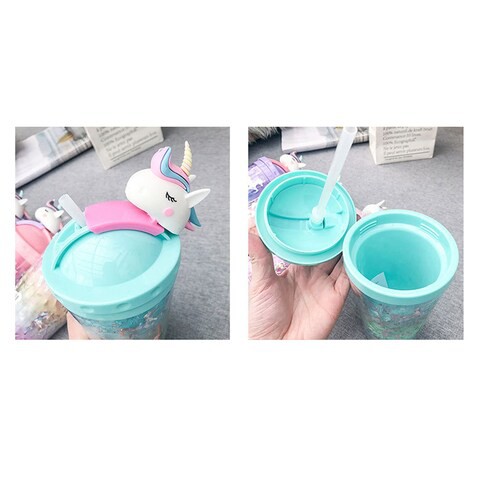 ALISSA-450ml Creative Unicorn Cartoon Straw Mug With Lid Thermal Insulation Double Wall Plastic Cup, Turquoise.