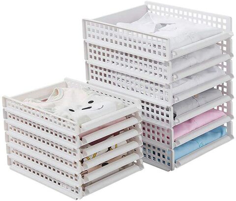 Rziioo 4 Pack Wardrobe Storage Organizer, Stackable Wardrobe Storage Organizer Plastic Detachable Shelves Drawers Baskets Divider Boxes, L