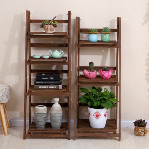 LINGWEI Ladder Design Foldable Wooden Flower Rack Book Shelves Storage Stand Flower Pot Holder For Bedroom Office Restaurants Home Decor 3 floor Brown