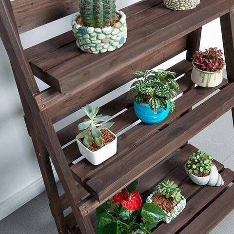 LINGWEI Ladder Design Foldable Wooden Flower Rack Book Shelves Storage Stand Flower Pot Holder 3 floor brown wide stand