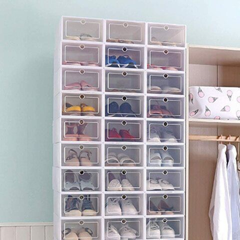 Doreen 18pcs Plastic Shoe Storage Box Stackable Clear Shoe Organizer Portable Flip Lid Dust Proof Shoes Container Drawer for Home Store（white 6pcs+pink 6pcs+green 6pcs）（GC924A 6pcs+GC925A 6pcs+GC1233A