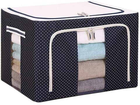 Generic 1Pc Stackable Storage Box Polka Dots Oxford Cloth Steel Frame Organizer, See-Through Window With Double Zipper Folding - Dark Blue (66L)
