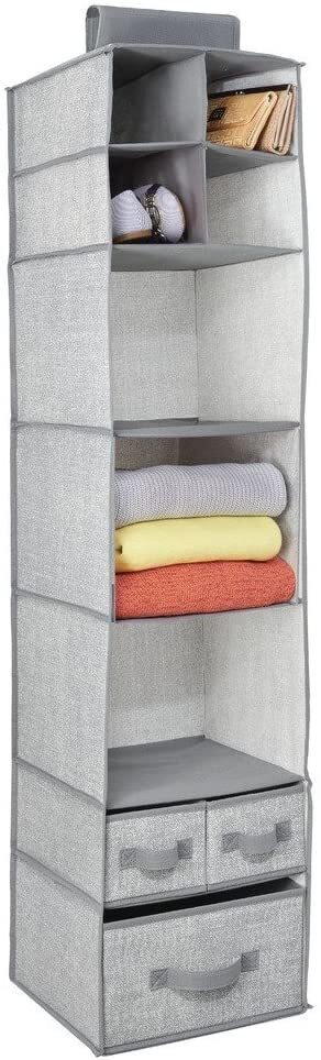 iDesign Interdesign Aldo Fabric Hanging Closet Storage Organizer, For Clothing, Sweaters, Shoes, Accessories, 7 Shelves And 3 Drawers, Gray