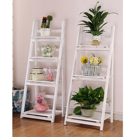 LINGWEI Ladder Design Foldable Wooden Flower Rack Book Shelves Storage Stand Flower Pot Holder For Bedroom Office Restaurants Home Decor 4 floor White