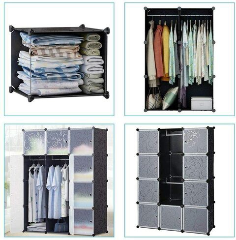 Generic Portable Closet Clothes Wardrobe Bedroom Armoire Storage Organizer With Doors, Capacious &amp; Sturdy, Black, 6 Cubes+2 Hanging Sections