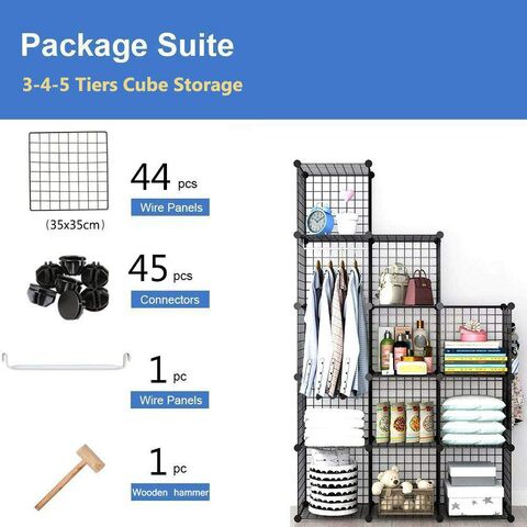 Jj-Boutique Wire Storage Cubes Modular Grid Organizer Customizable Metal Rack Bookcase Bookshelf Multifuncation Shelving Unit, Black, 1 Hanger &amp; 9 Cubes