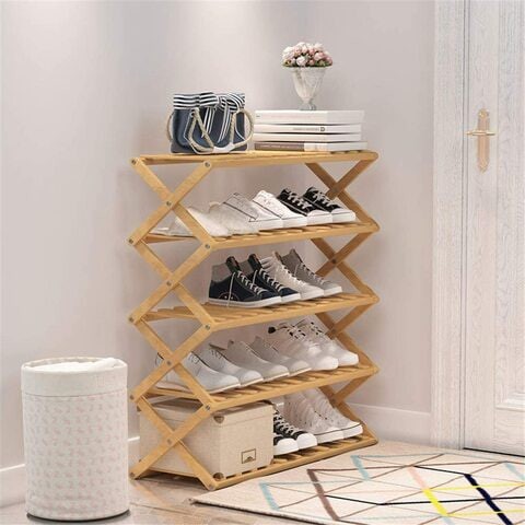 Generic 5-Tier Multi-Tier Foldable Bamboo Shoe Rack, Free Standing Shoe Shelf Storage Organizer, Closets And Entryway Organizer