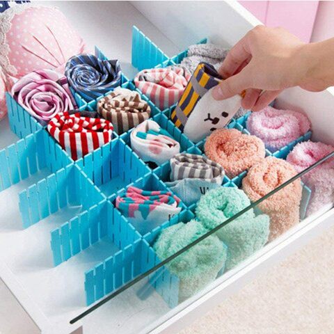 Drawer Divider 4-piece Drawer Divider blue DIY plastic mesh plastic adjustable drawer partition household storage cosmetic socks underwear storage bag suitable for clothing, kitchen and office