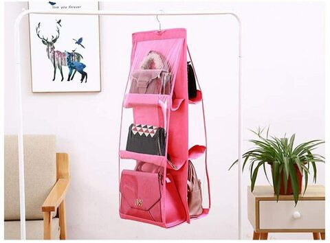 Skeido 6 Pockets Handbag Hanging Purse Storage Anti-Dust Cover Large Clear Bag Holder Organizer Closet Rack Hangers Save Space (Pink)