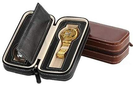 Luxury Leather Portable Watch Travel Case Black Zipper Book 2 Slots Box