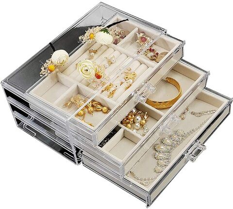 Xykily jewellery Box For Women With 3 Drawers, Velvet Jewellery Organiser For Earring Bangle Bracelet Necklace And Rings (24X13X10Cm, Cream Color)