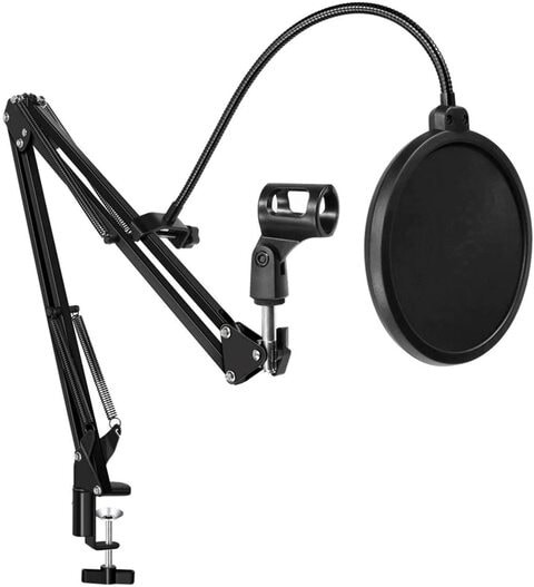 Ewinner Desktop Microphone Suspension Boom Scissor Arm Stand Pop Filter Windscreen Mask Shield Kit For Stages, Recording, Games (Black Stand+Filter)