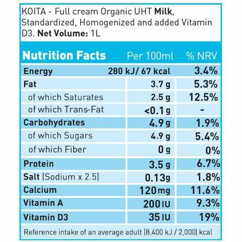 Quetta Organic Cow Milk, Vitamin A and D3, 1 Liter