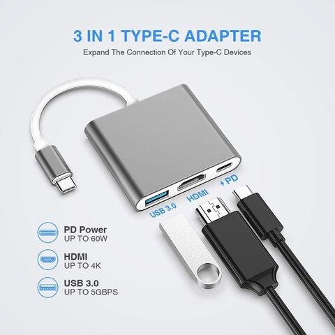 محول XLT USB-C إلى HDMI ، محول USB 3.1 من النوع C إلى HDMI 4K متعدد المنافذ AV مع منفذ USB 3.0 ومنفذ شحن USB C (رمادي)