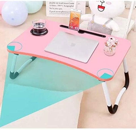 Doreen Folding Bed Table with iPad and Cup Holder and Adjustable Laptop Stand for Watching Movies - Pink