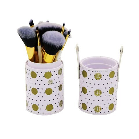 11 piece set of make-up brush, white cylinder with gold dots