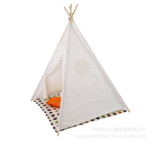 Canvas Teepee Cotton Portable Foldable Kids Play Tent Indoor Outdoor Play Tent With Window (White)