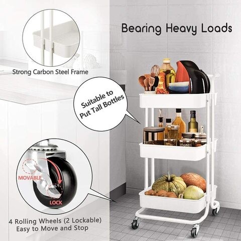 Orchid 3-Tier Multi Use Kitchen Organizer Rack عربات تخزين قابلة للإزالة رف برج تخزين رف حمام بعجلات ومسند للذراعين رف تخزين متداول نحيف | عربة بعجلات بمقبض (أبيض)