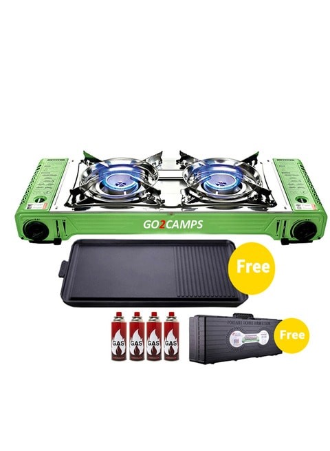 Falcon - Korean Double Butane Camping Stove with BBQ Stove / Humburger Tray & 4 Pieces of Butane Gas - Multi Color