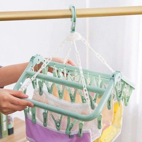 ALISSA Laundry Hanger Drying Rack - Foldable Clip and Drip Hanger with 32 Clips, Rotatable Clothes Drying Rack, Sock Hanger (Light Green)