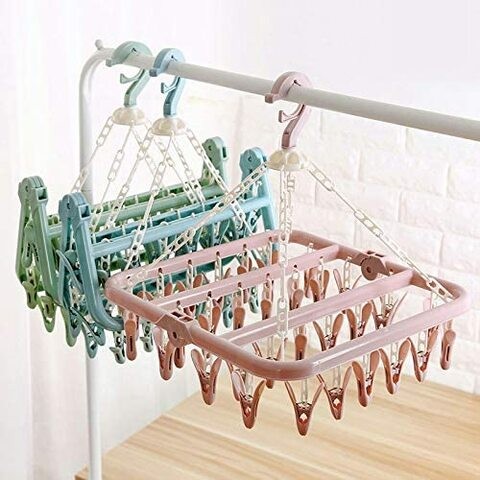 Aiwanto Drying Rack Cloth Drying Clip and Drip with 32 Clips Folding Plastic Laundry Drying Rack Drying Underwear Socks(Pink)