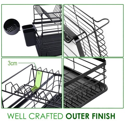 ALISSA-2 Tier Dish Drying Bowl Storage Rack With Drainer,Plate Organizer Utensil Holder with Drip Tray, Black.