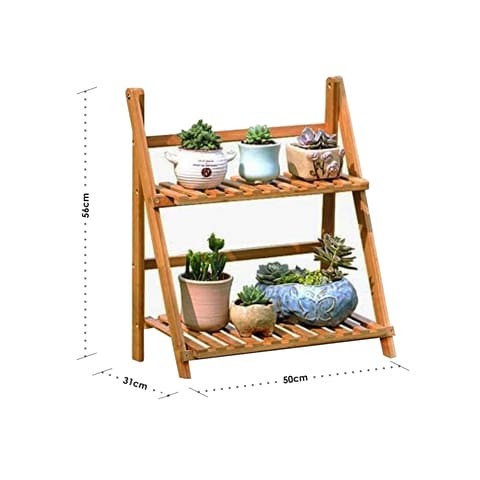 ALISSA-DoubleTier Bamboo Storage Balcony Fleshy Floor Rack Folding Flower Pot Stand.