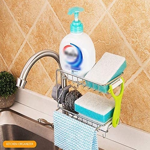 Stainless Steel Kitchen Faucet Sponge Holder, Soap Tray, Bathroom or Kitchen Organizer