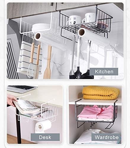 Under Shelf Basket, Under Shelf Wire Basket with Stable Hook Under Cabinet Storage Basket for Kitchen, Office, Bathroom (Black, 1 pc 28.5 x 14 x 24 cm)