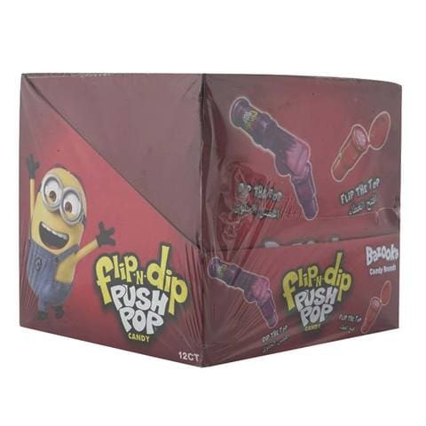 Bazooka Flip N Dip Push Pop Strawberry and Black Currant Candies 25g x12