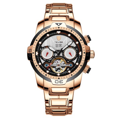 TEVISE-TEVISE T816A Automatic Mechanical Movement Men Watch Self-Winding Manual Winding Wind-Up Skeleton Wrist Watch 3ATM Waterproof Luminous Luxury Business Week Month Calendar Tourbillon Wristwatch for