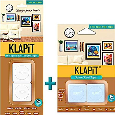 Klapit Mobility Combo - 2Pc Pack Of Magnetic Picture Hanging Strips With 6Pcs Of Spare Steel Tape