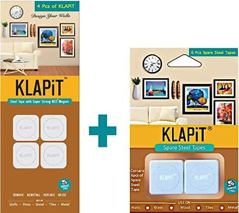 Klapit Mobility Combo 4P- 4Pc Pack Of Magnetic Picture Hanging Strips With 6Pcs Of Spare Steel Tape