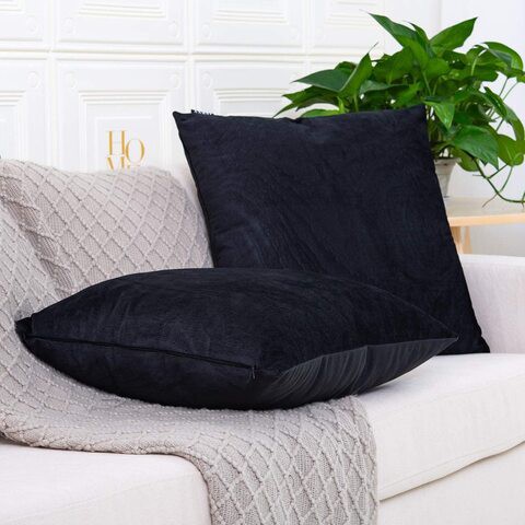 Decorative Velvet Zippered Throw Pillow Covers With Pillow Insert for Sofa Couch Bed, CAN, Set Of 2, Luxury Soft Cushion Cases With Pillow Insert (45x45 cm, Black)