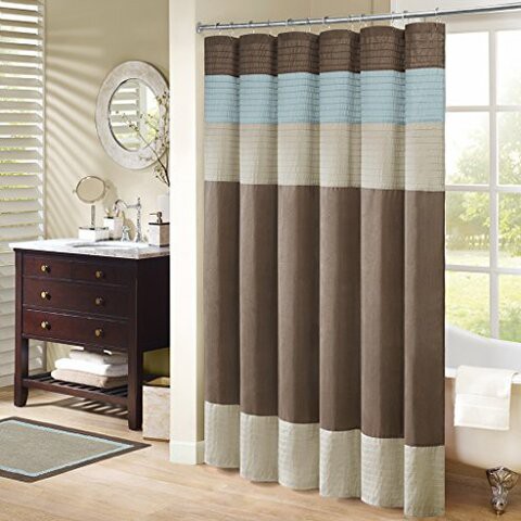 Madison Park Amherst Bathroom Shower Faux Silk Pieced Striped Modern Microfiber Bath Curtains, 72X72 Inches, Blue