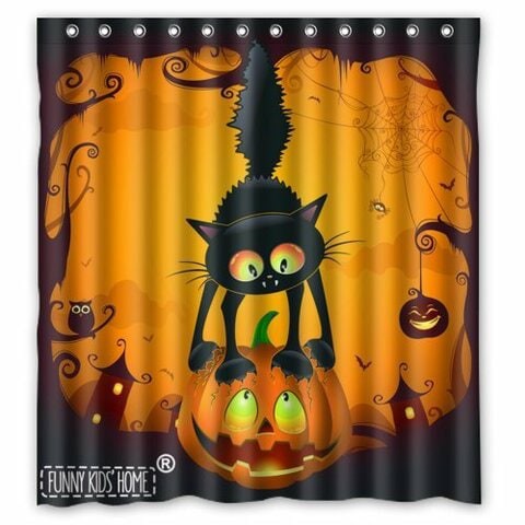Funny Kids&#39; Home Scary Cat On The Pumpkin Happy Halloween Decoration- Fashion Personalize Custom Bathroom Shower Curtain Waterproof Polyester Fabric 66(W) X72(H) Rings Included