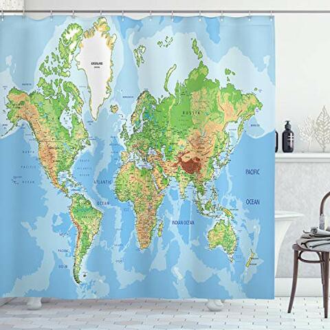 Ambesonne World Map Shower Curtain, Topographic Map Of The World Continents Countries Oceans Mountains Educational, Cloth Fabric Bathroom Decor Set With Hooks, 70&quot; Long, Blue Green