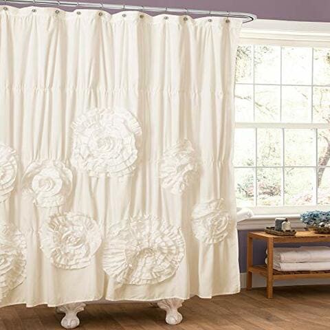Lush Decor Serena Shower Curtain Ruffled Floral Shabby Chic Farmhouse Style Bathroom Decor, 72 X 72 , Ivory
