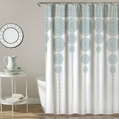 Lush Decor, Blue Stripe Medallion Shower Curtain-Fabric Mandala Bohemian Damask Print Design, X 72, 72&quot; X 72&quot;