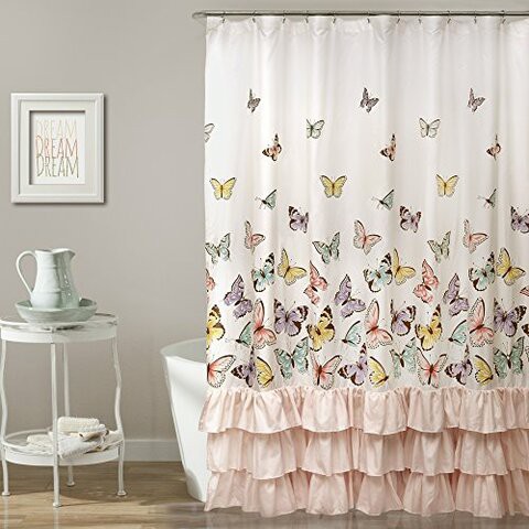 Lush Decor, Pink Flutter Butterfly Shower Curtain | Textured Ruffle Print Fabric Bathroom Decor, X 72