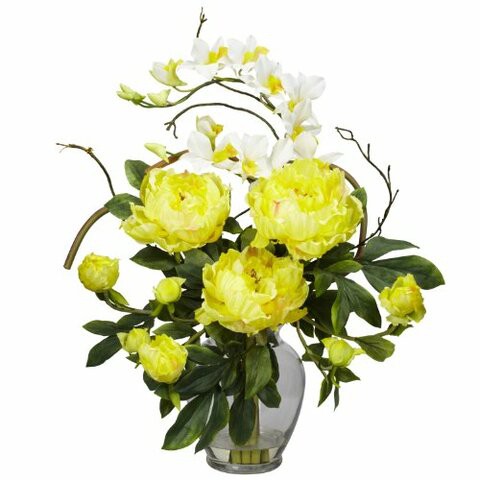 Nearly Natural 1175-YL Peony and Orchid Silk Flower Arrangement, Yellow,29 x 10.25 x 10.25