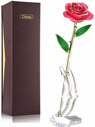 ZJchao 24K Pink Plated Gold Rose Gifts for Her Valentine&#39;s Day, Eternity Love Real Golden Preserved Forever Flower with Stand Present Wife/Girlfriend/D